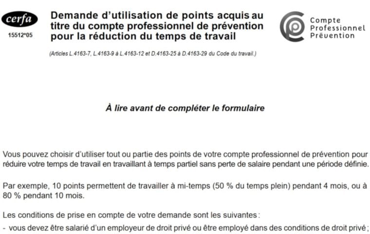 Cerfa 15512*05 : formulaire pour une demande d’utilisation de points acquis pour la réduction du temps de travail