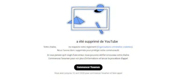 Message d'information de la suppression d'une chaîne Youtube