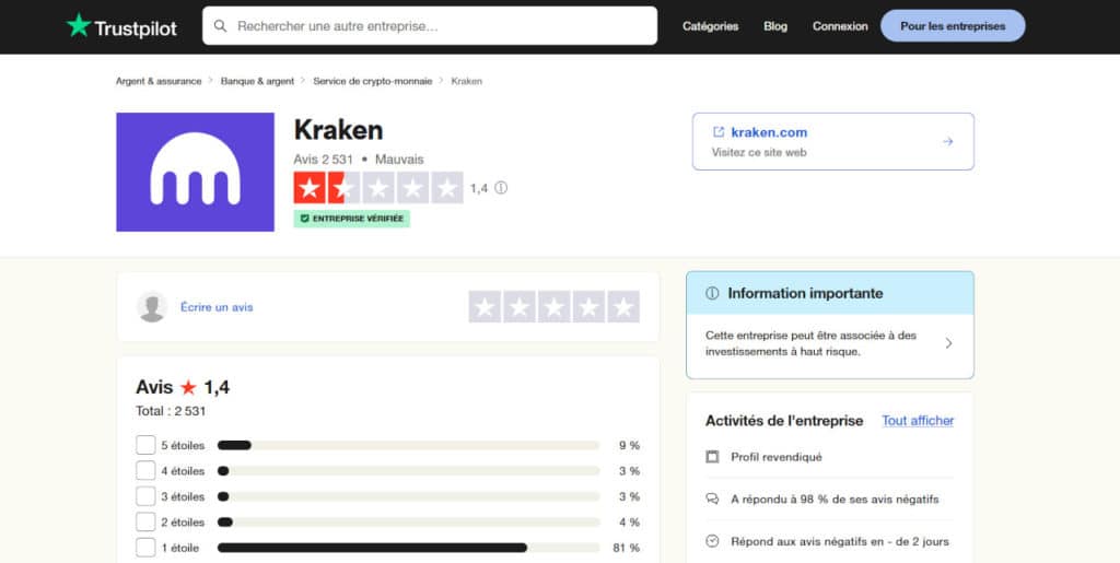 Avis de Trustpilot sur Kraken