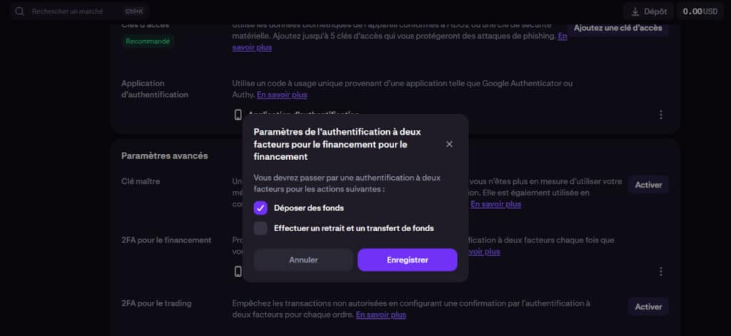 Protégez vos fonds en configurant une confirmation par authentification à deux facteurs chaque fois que vous effectuez un retrait ou générez une adresse de dépôt